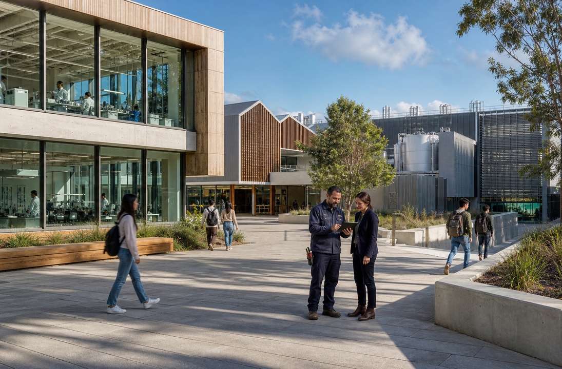 University science campus with students and facilities staff